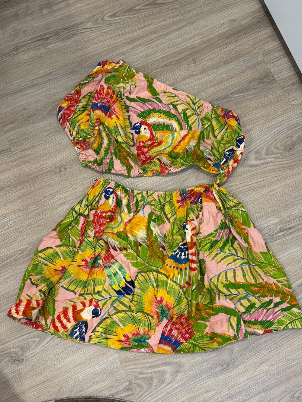 FARM Rio Pink Tropical Parrot Two-Piece Skirt Set with Green and Yellow Accents